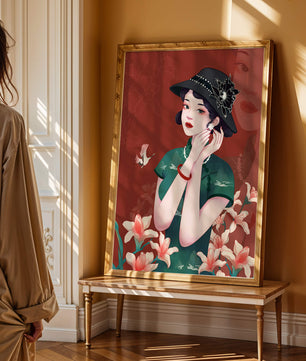 Elegant woman in vintage attire with floral hat and lilies