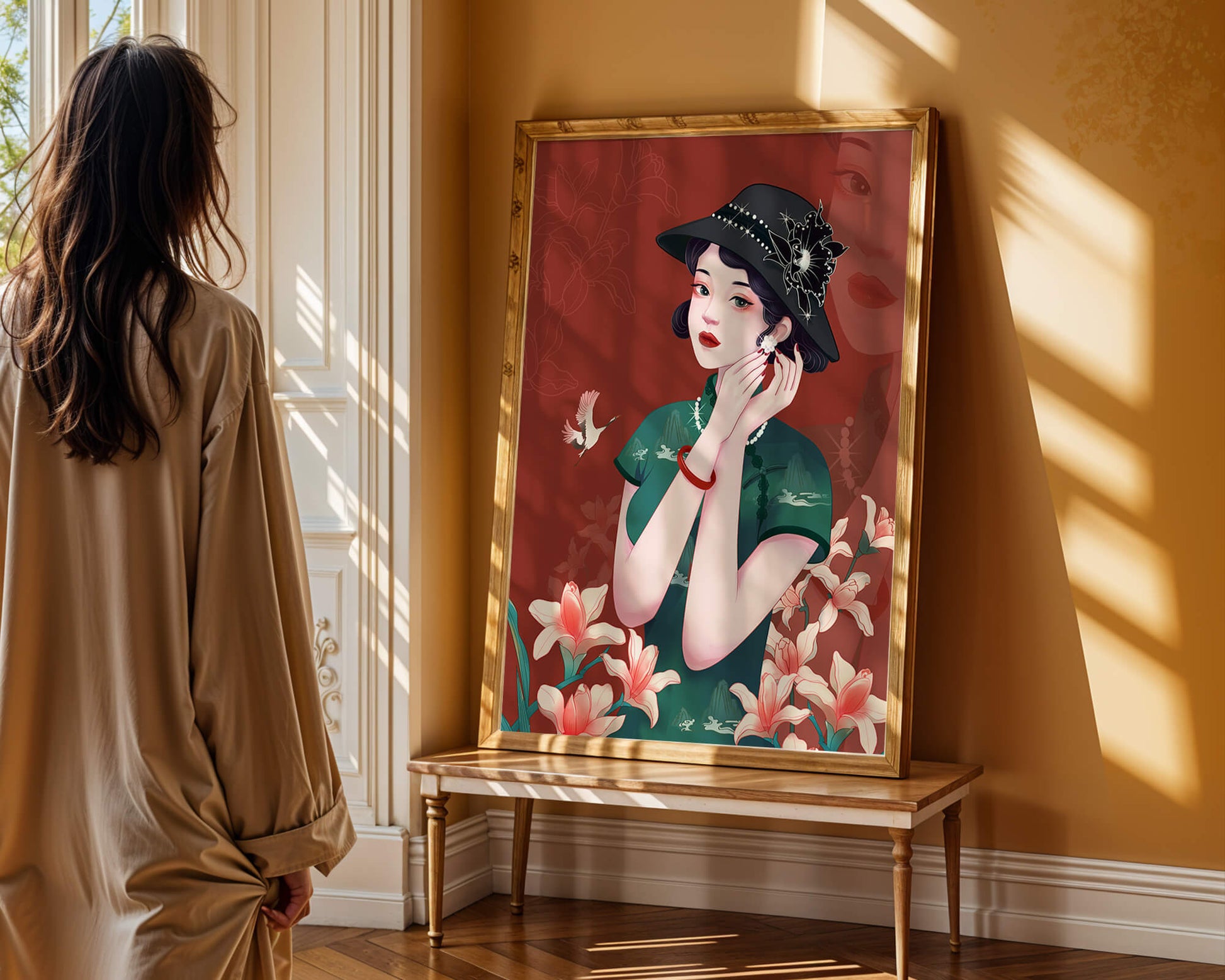 Elegant woman in vintage attire with floral hat and lilies