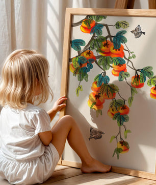 Branch with vibrant persimmons and birds illustration