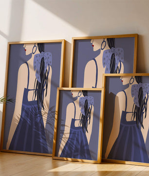 Stilvolle Illustration einer Frau mit gepunkteter Schleife und blauem Kleid