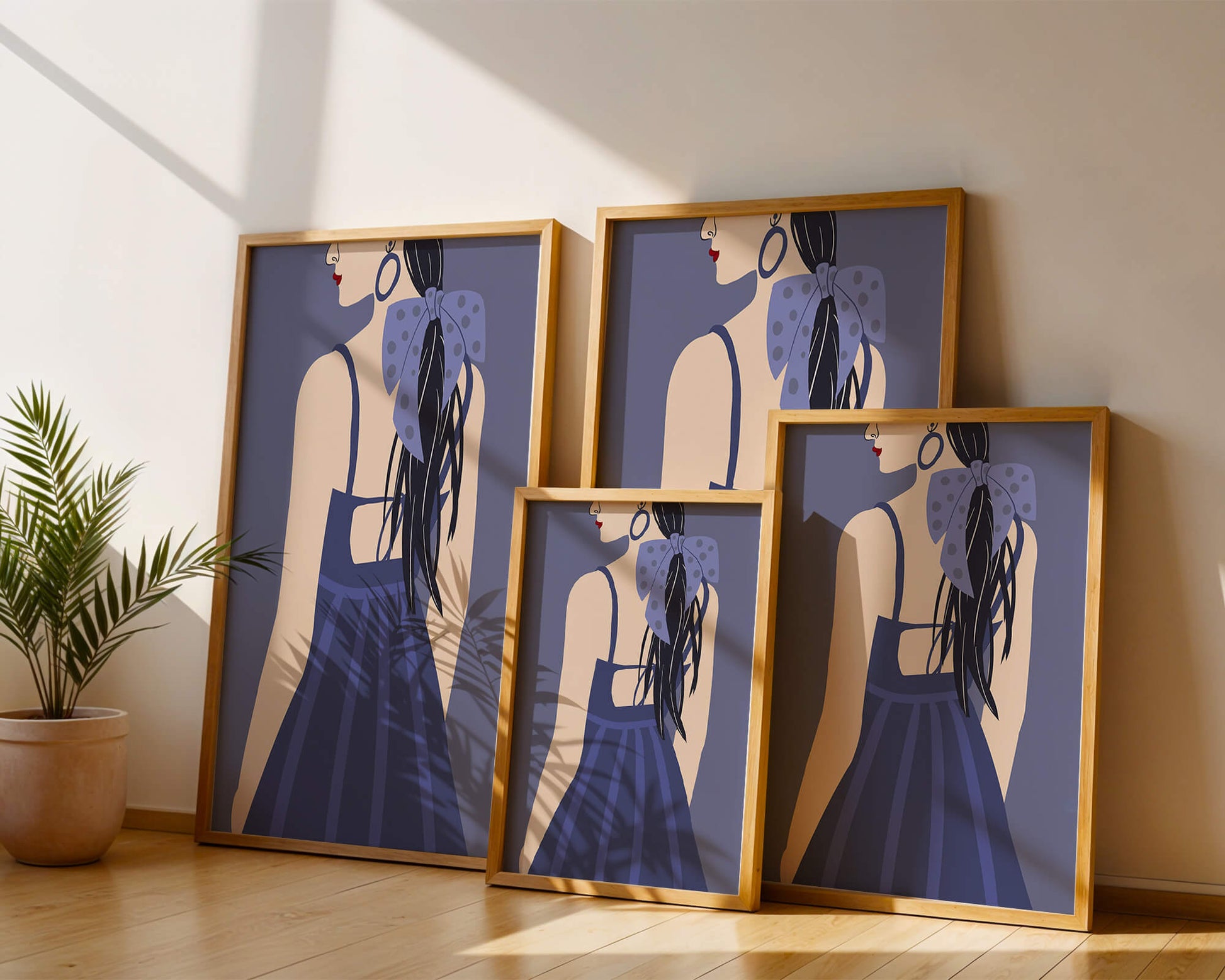 Stilvolle Illustration einer Frau mit gepunkteter Schleife und blauem Kleid