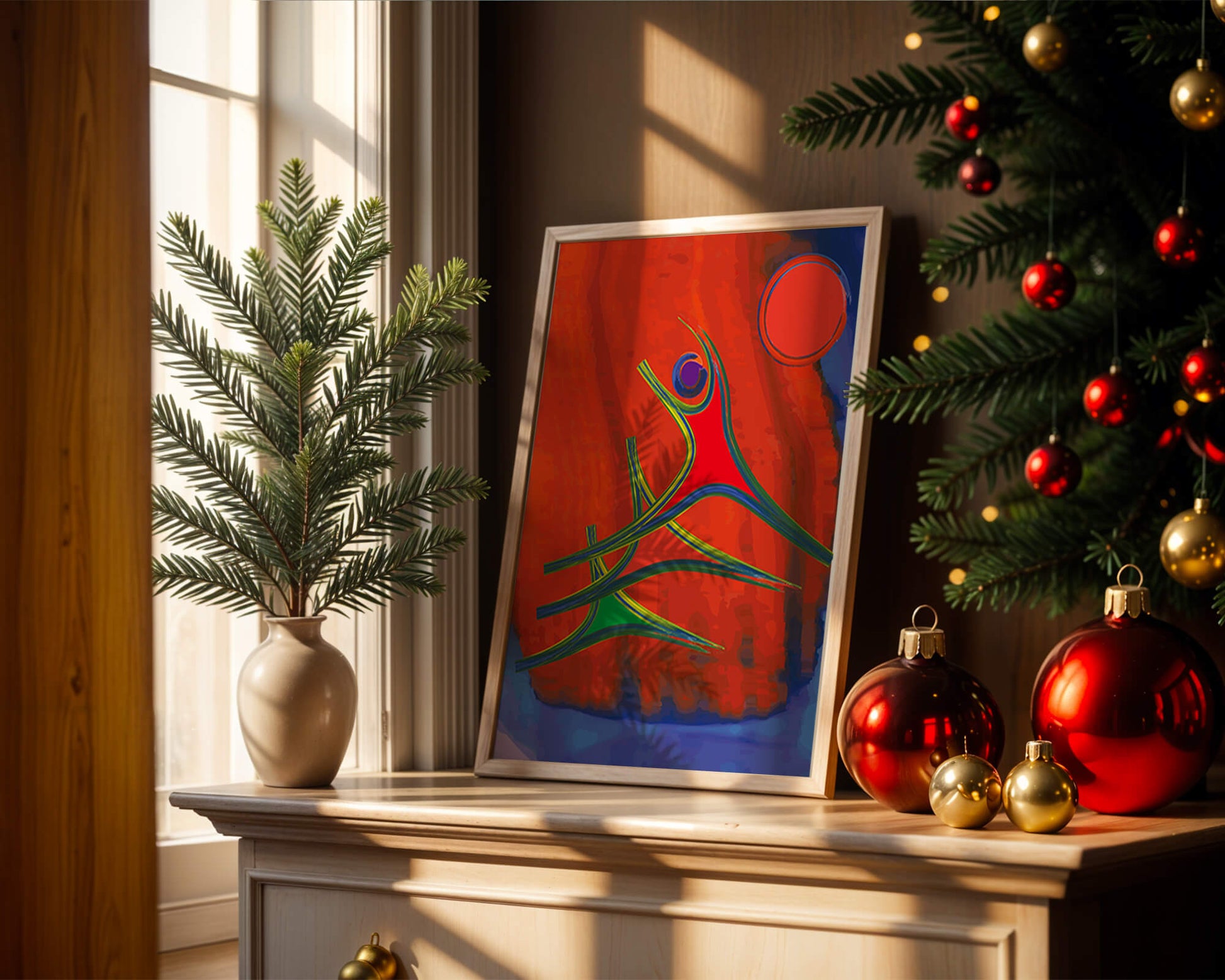 Abstract colorful artwork with dynamic figures and bold colors