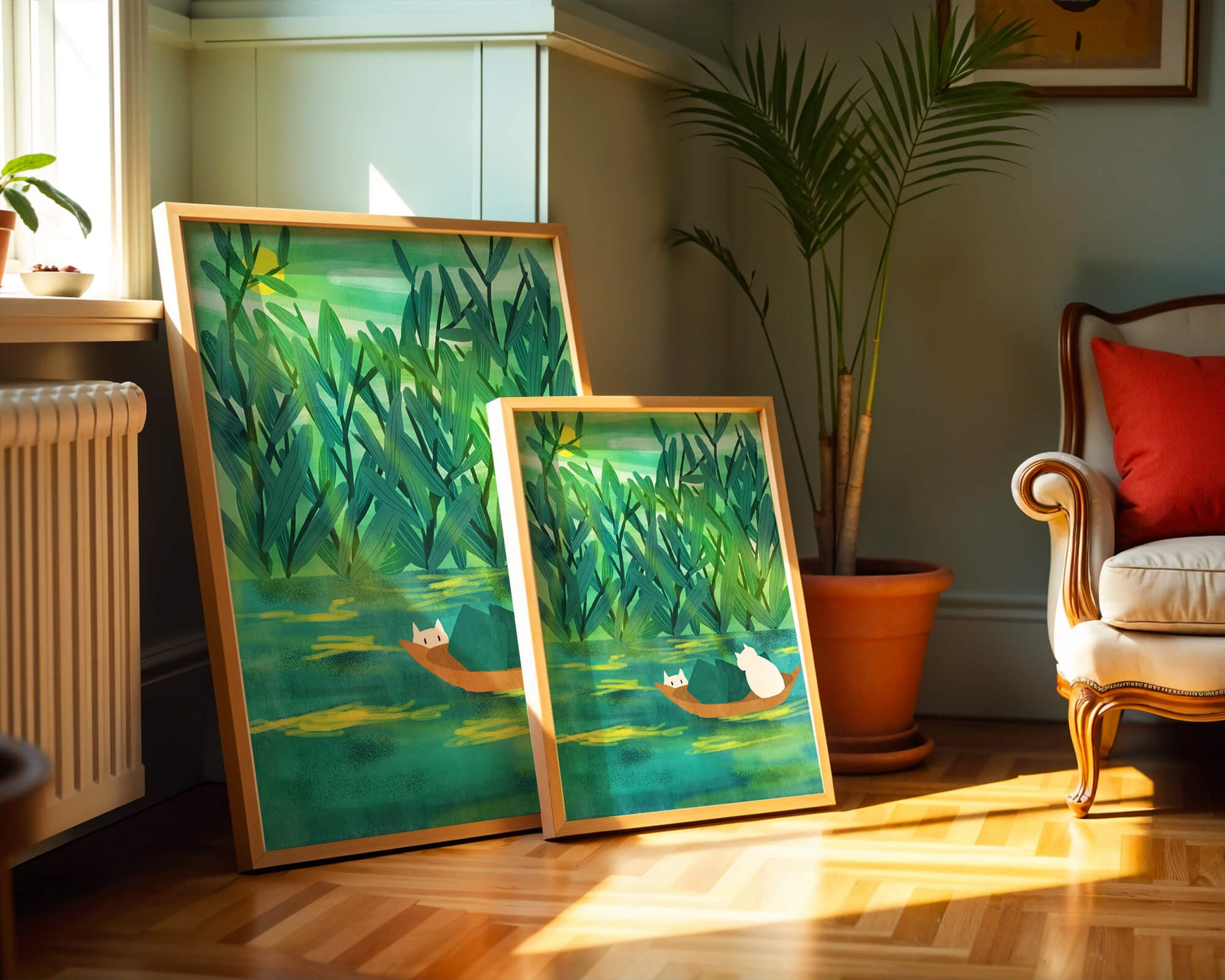 Serene landscape with cats on a boat in lush greenery