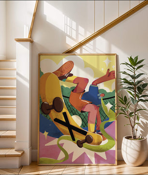 Ilustración abstracta colorida con un skater en movimiento dinámico