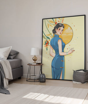 Mujer elegante con vestido tradicional y fondo floral y sol dorado