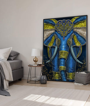 Blue and gold ornate elephant with intricate patterns
