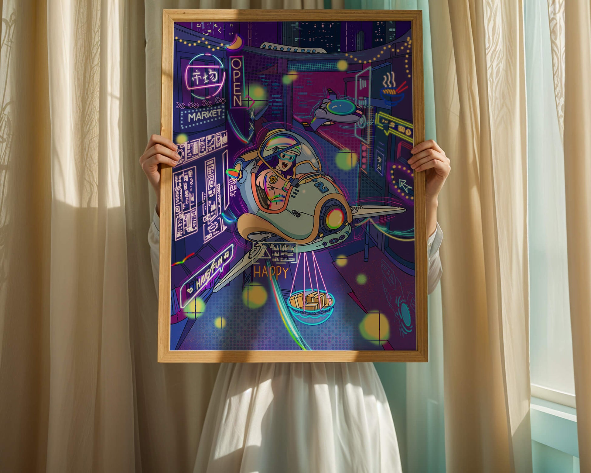 Futuristic cityscape with a flying delivery vehicle and neon signs