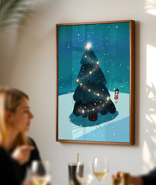 Winter scene with decorated Christmas tree and snowfall
