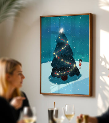 Winter scene with decorated Christmas tree and snowfall