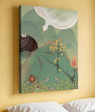 Dreamy nature-inspired illustration with bird and plant elements