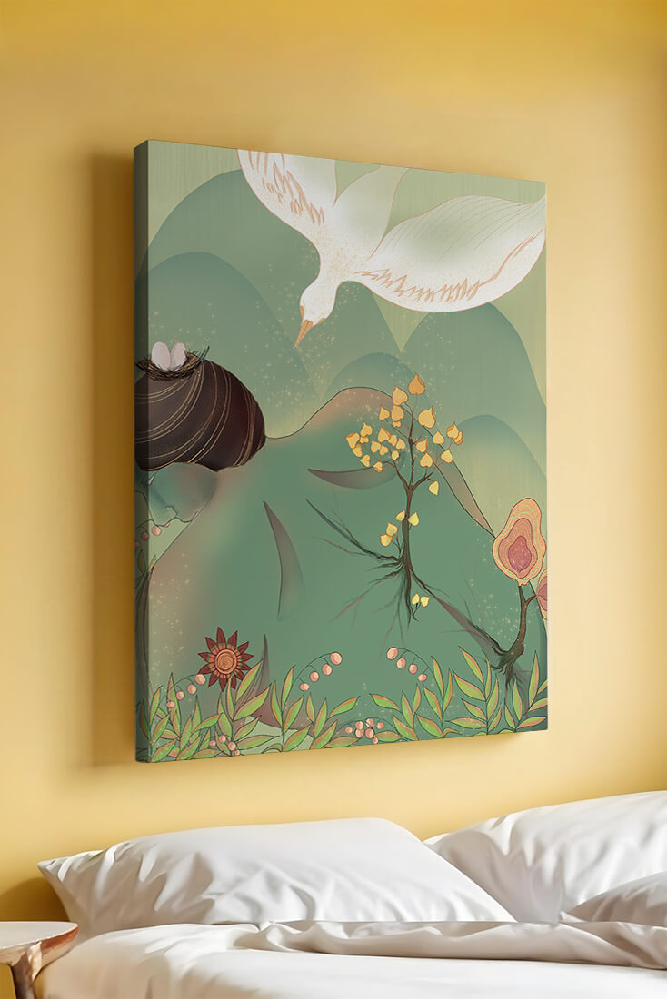 Dreamy nature-inspired illustration with bird and plant elements