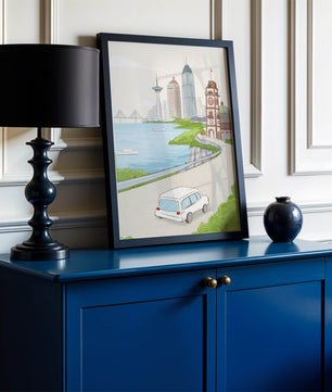Scenic coastal cityscape with modern buildings and a classic clock tower