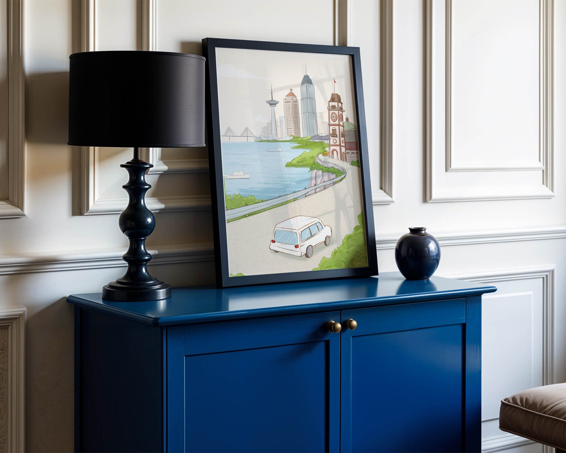 Scenic coastal cityscape with modern buildings and a classic clock tower