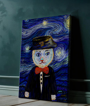 Whimsical cat character against starry night sky background