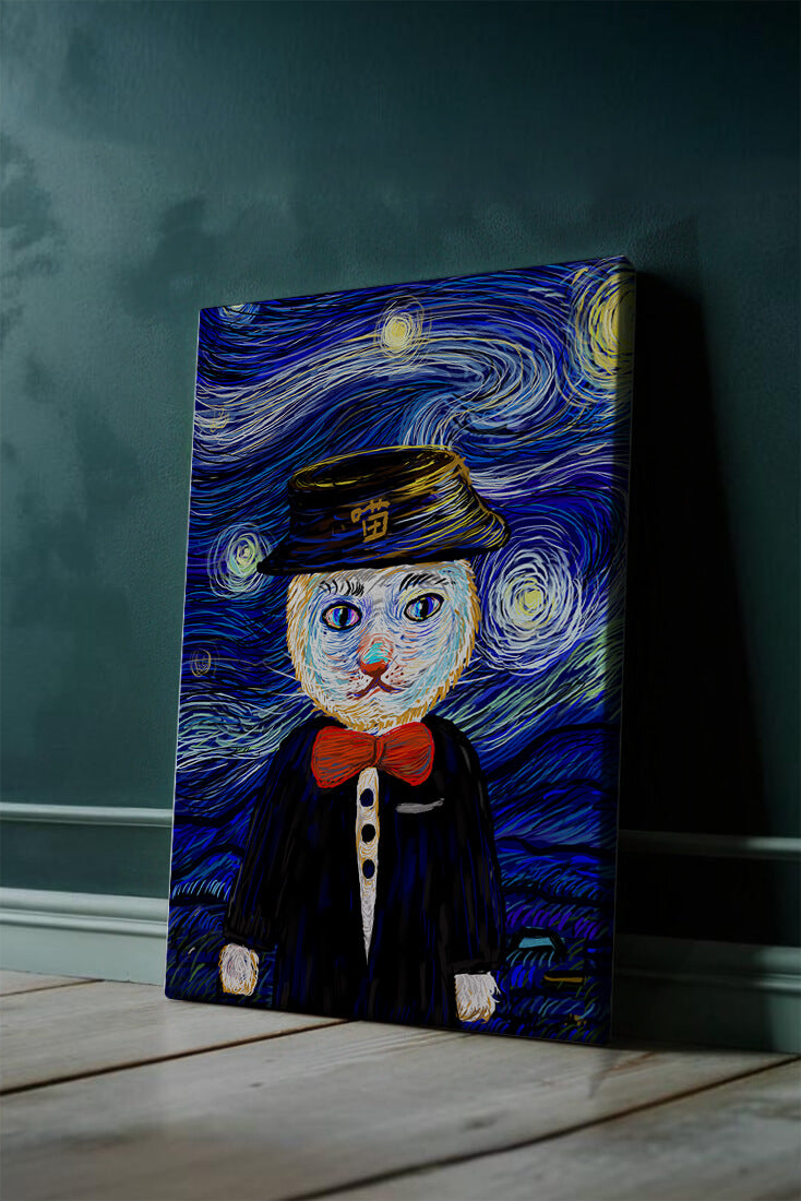 Whimsical cat character against starry night sky background