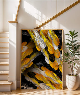 Abstract Composition with Yellow and White Feathers on a Black Background - Mi tienda