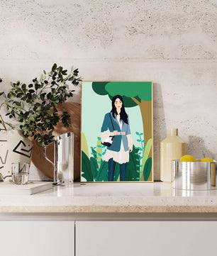Illustrative portrait of a woman in a stylish outfit with nature backdrop