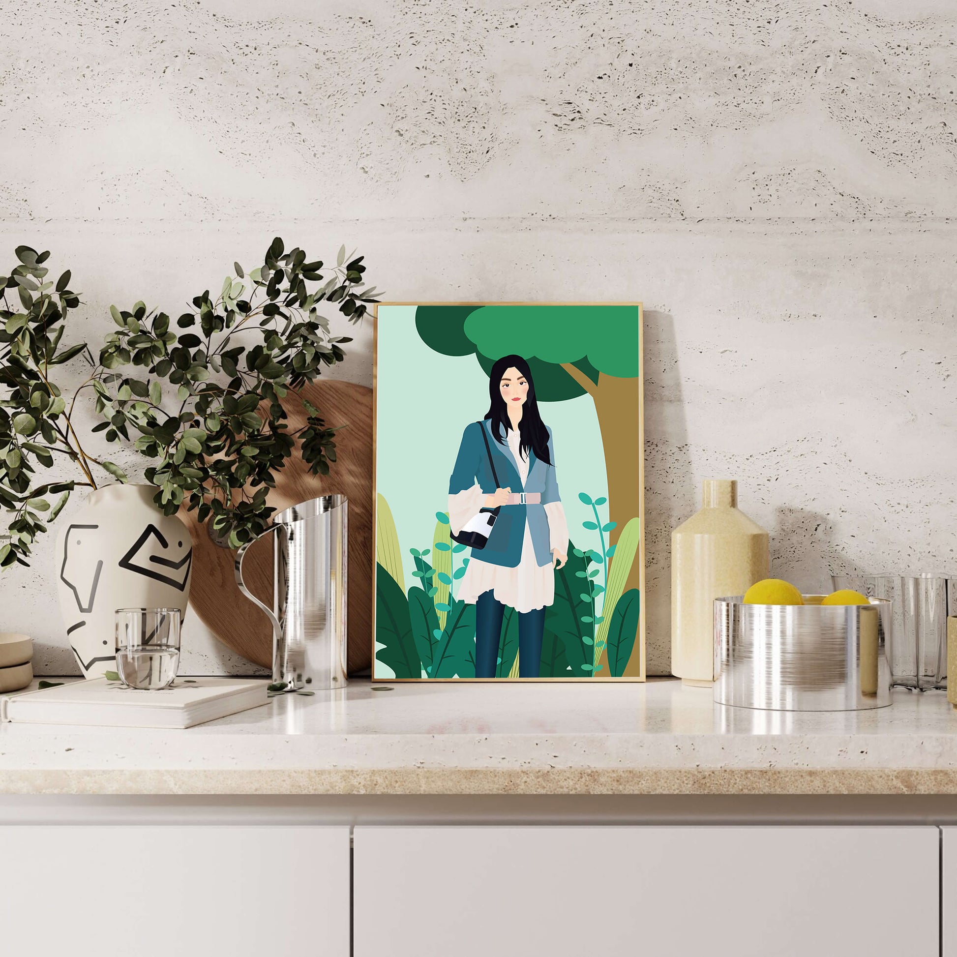 Illustrative portrait of a woman in a stylish outfit with nature backdrop