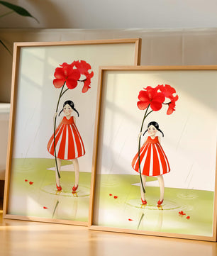 Young girl holding large red flower standing in puddle illustration