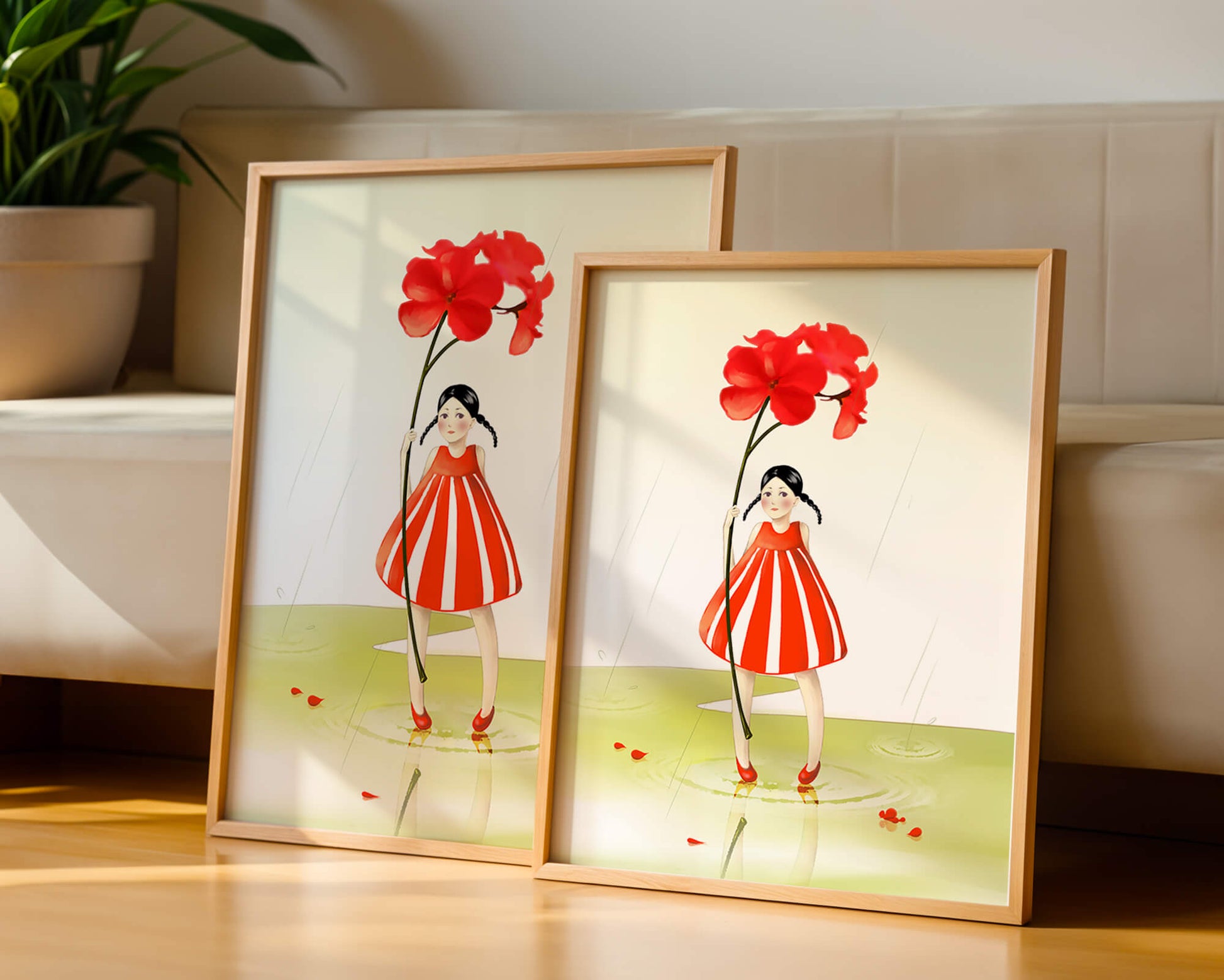Young girl holding large red flower standing in puddle illustration