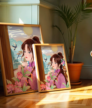 Serene landscape with a woman in traditional dress and mountain view