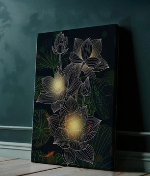 Lotus Flowers with Glowing Accents and Koi Fish Underwater