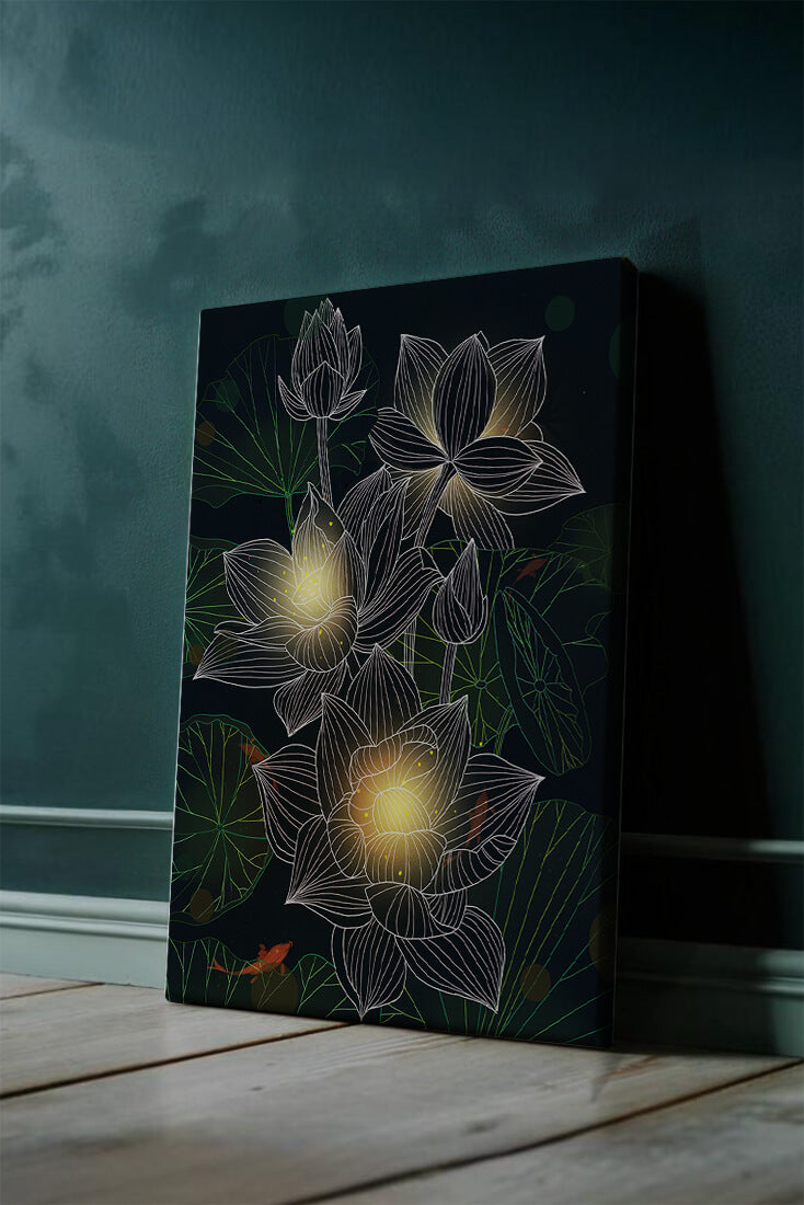 Flores de loto con detalles luminosos y peces koi bajo el agua