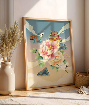 Elegant Asian Landscape With Pagoda, Cranes, and Peonies