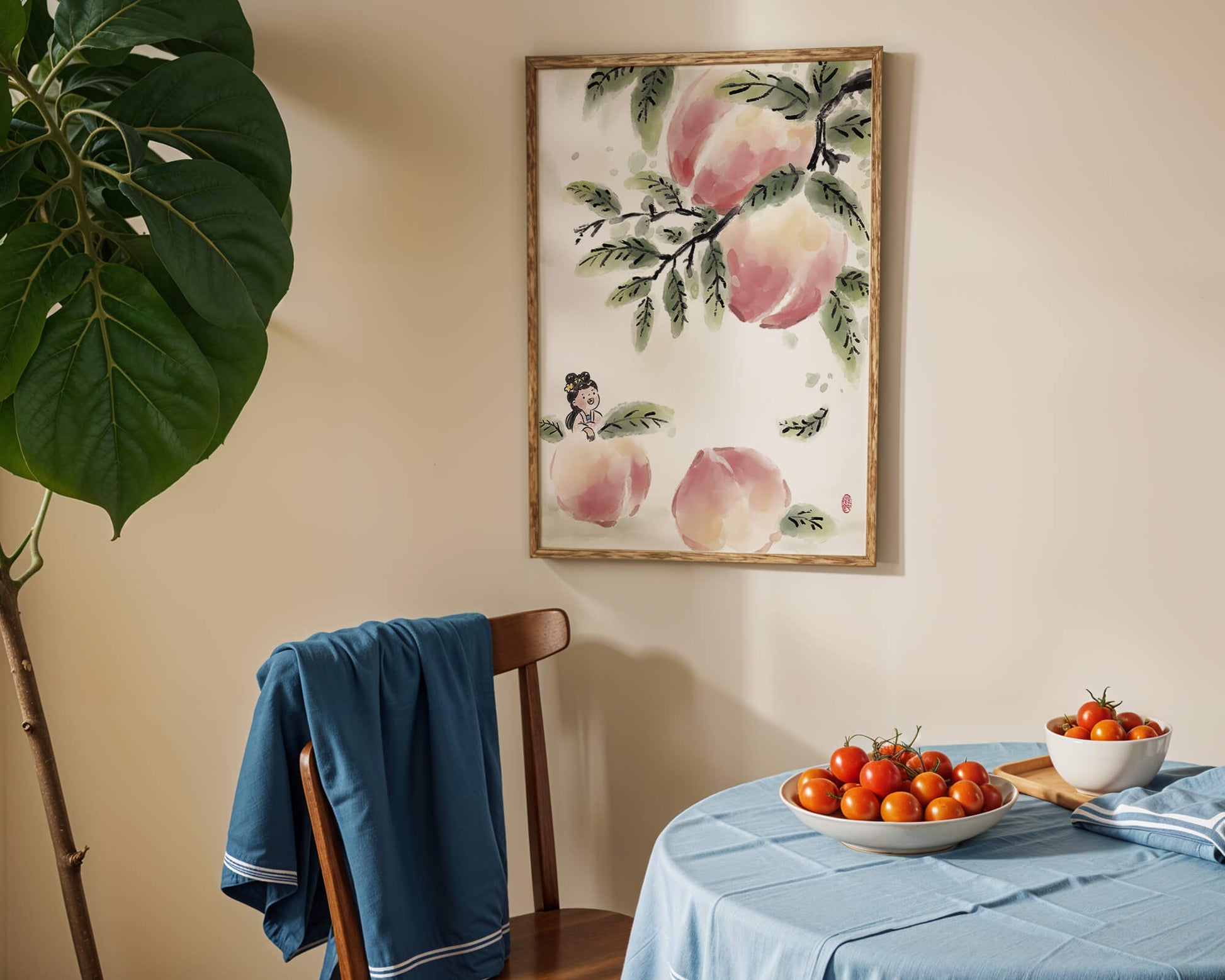 Encantadora ilustración de una chica entre flores de melocotón y hojas verdes