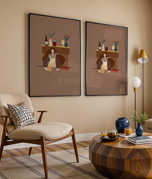 Escena acogedora con mujer junto a la chimenea y elementos decorativos