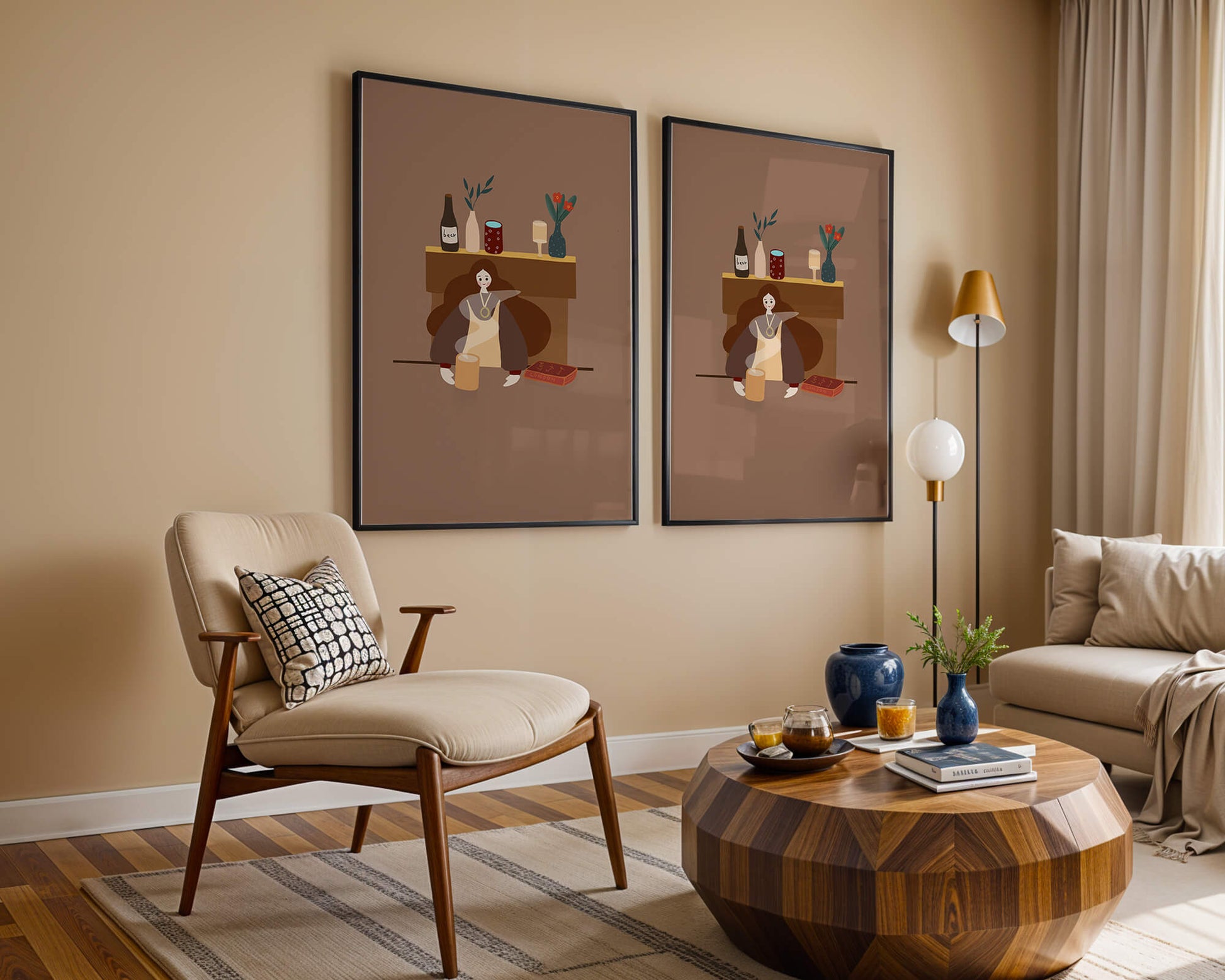 Escena acogedora con mujer junto a la chimenea y elementos decorativos