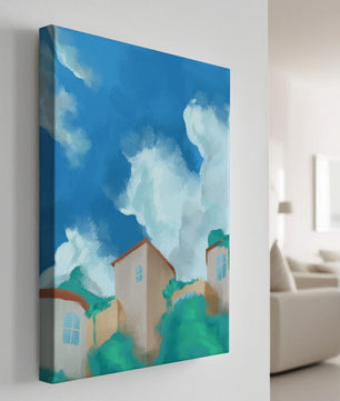 Serene landscape with houses and fluffy clouds against a blue sky