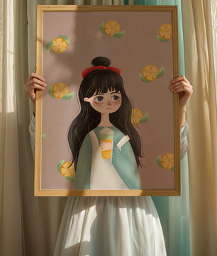 Illustration of a girl with a beverage surrounded by citrus slices