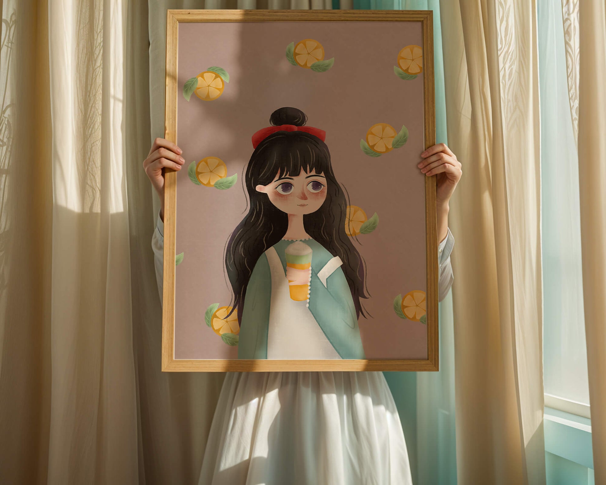 Illustration of a girl with a beverage surrounded by citrus slices