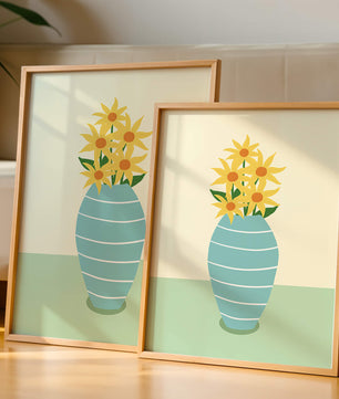 Yellow Sunflowers in a Blue Striped Vase on a Minimalist Background - Mi tienda