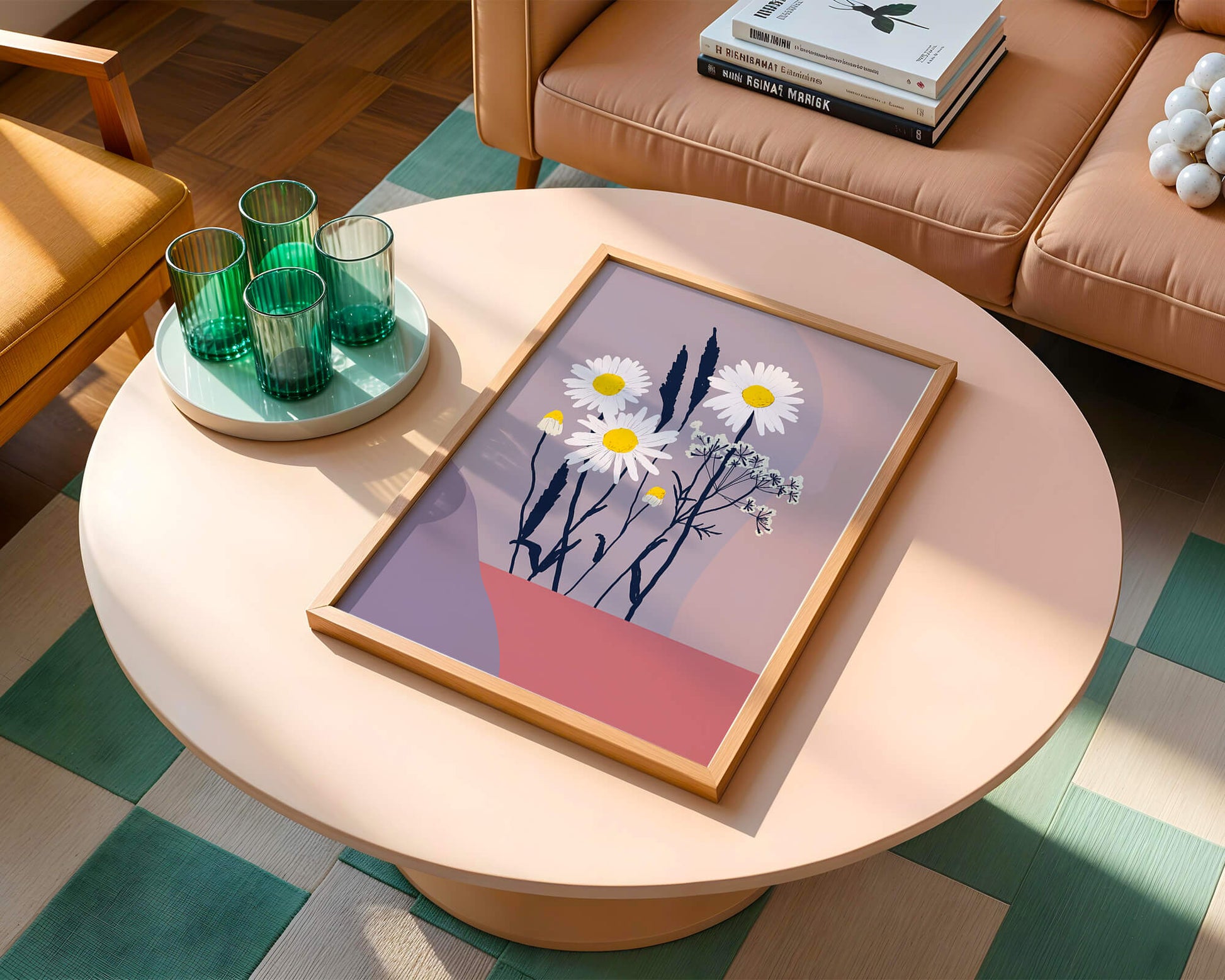 Zarte weiße Gänseblümchen mit gelben Zentren auf modernem Pastell-Hintergrund