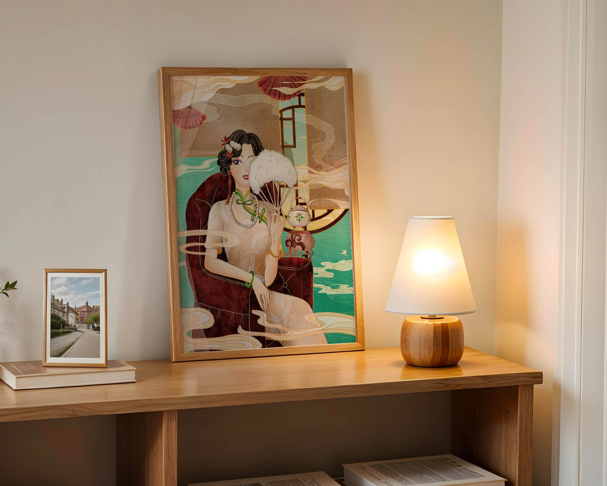 Elegant vintage Asian-inspired artwork featuring a woman with a fan