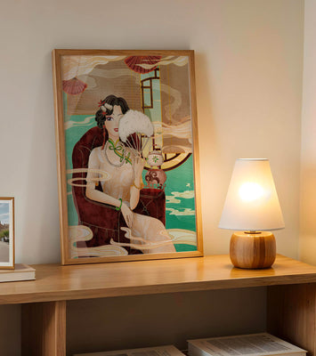 Elegant vintage Asian-inspired artwork featuring a woman with a fan