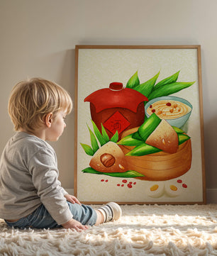 Illustrated traditional Chinese food with zongzi and rice wine