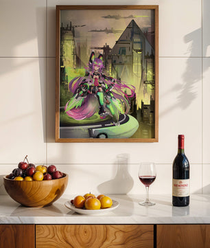 Cyberpunk-Anime-Figur im futuristischen Stadtbild 