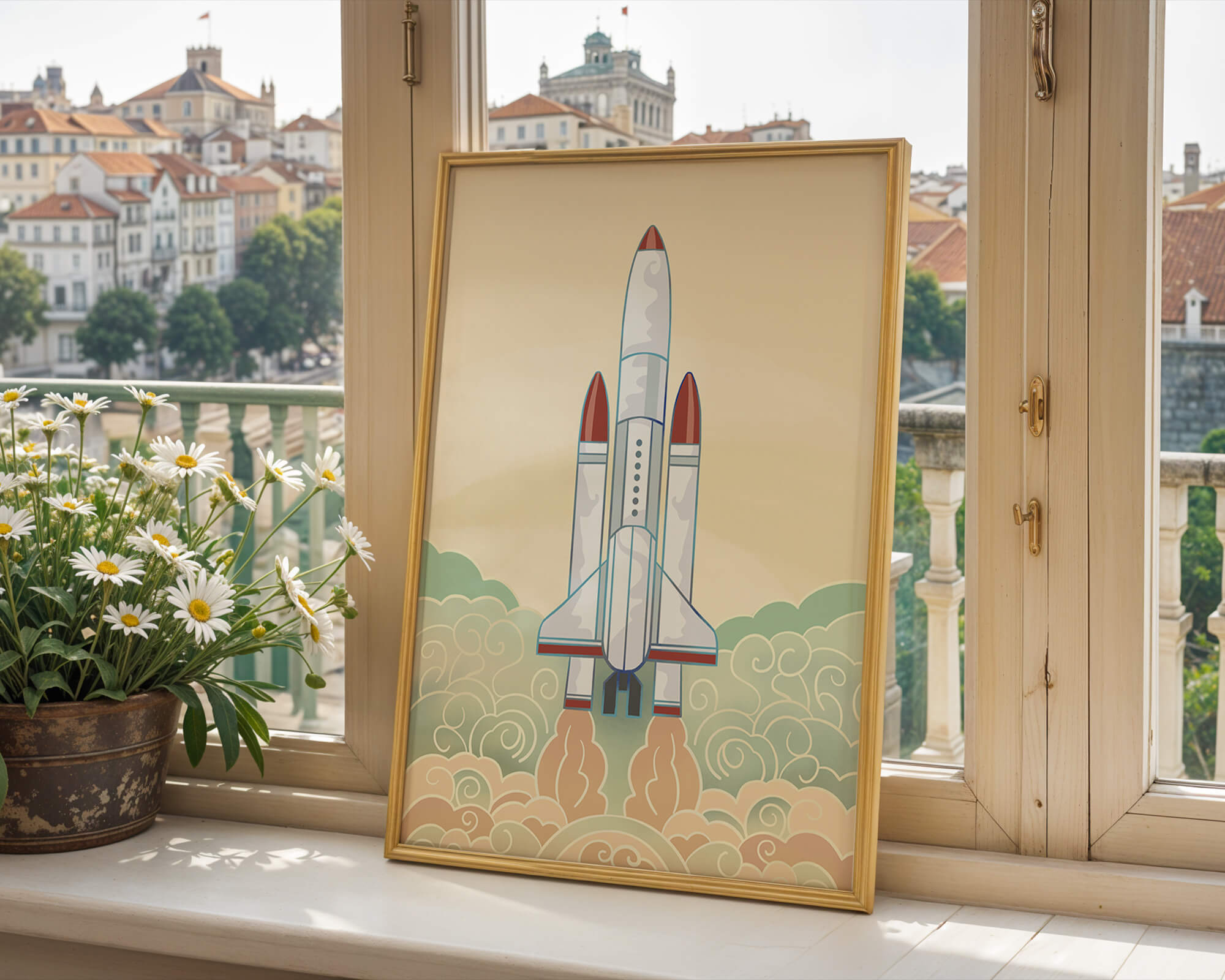 Colorful rocket launch from vintage-style clouds