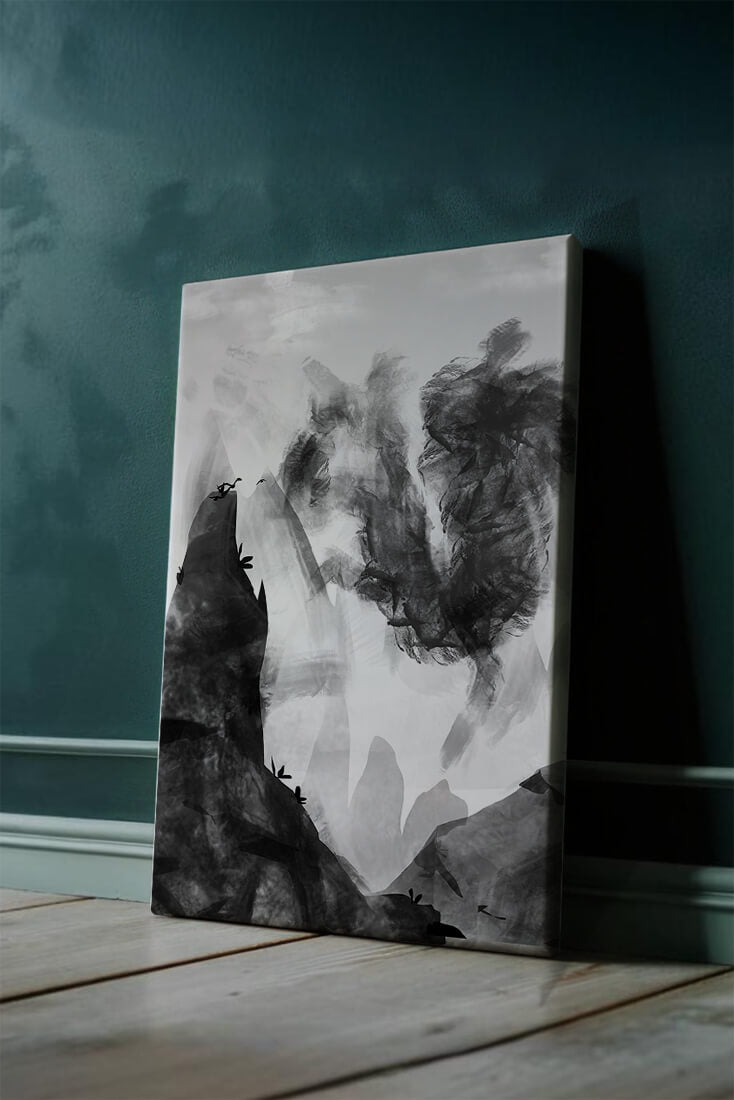 Paisaje monocromático con montañas y nubes abstractas