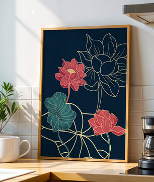 Vibrant Lotus Flowers on Dark Background with Gold Outline