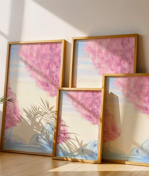 Serene Landscape with Cherry Blossom Trees and Tranquil Sky