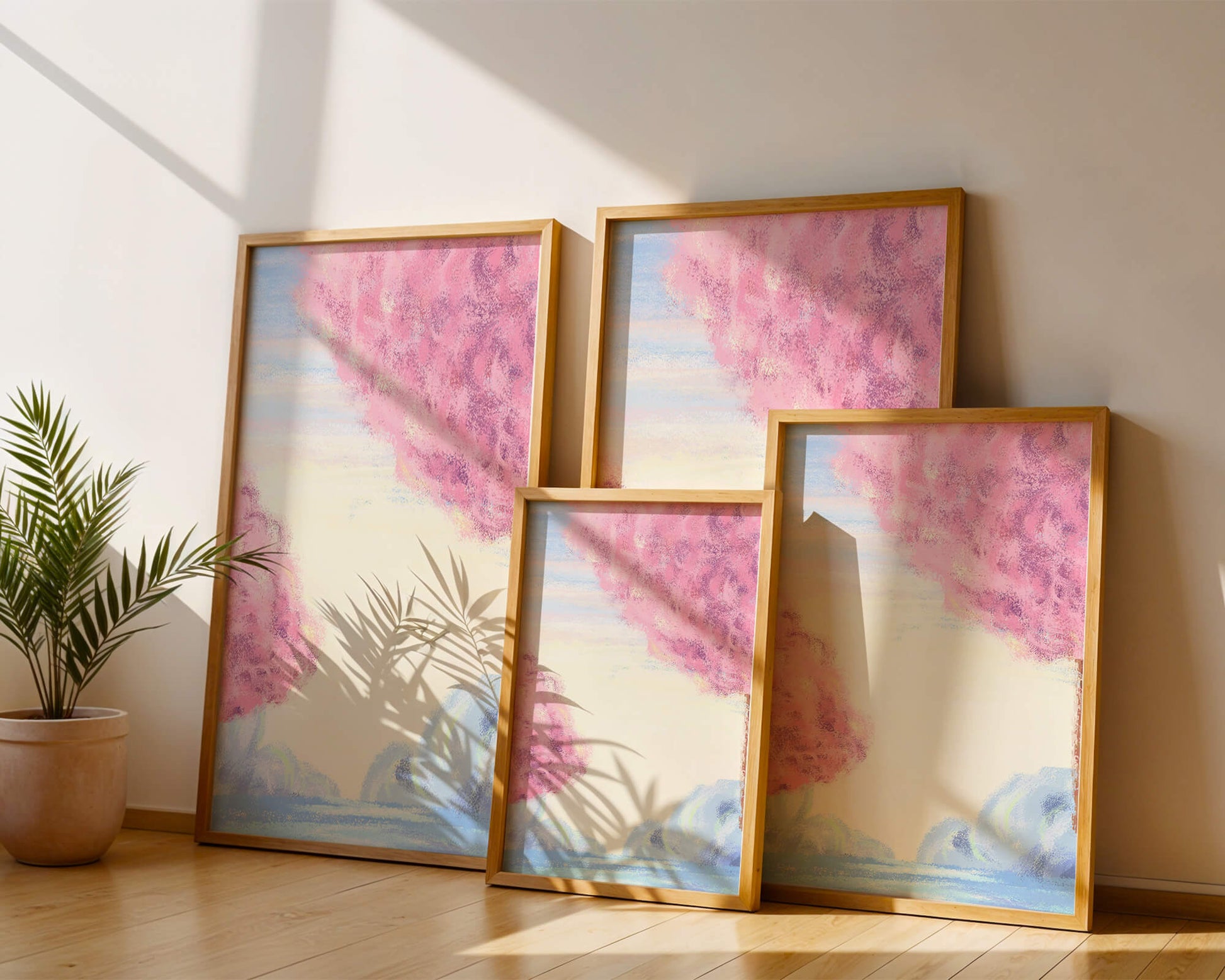 Serene Landscape with Cherry Blossom Trees and Tranquil Sky