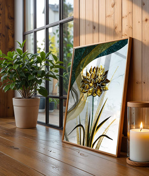 Golden flower artwork with abstract background for contemporary decor