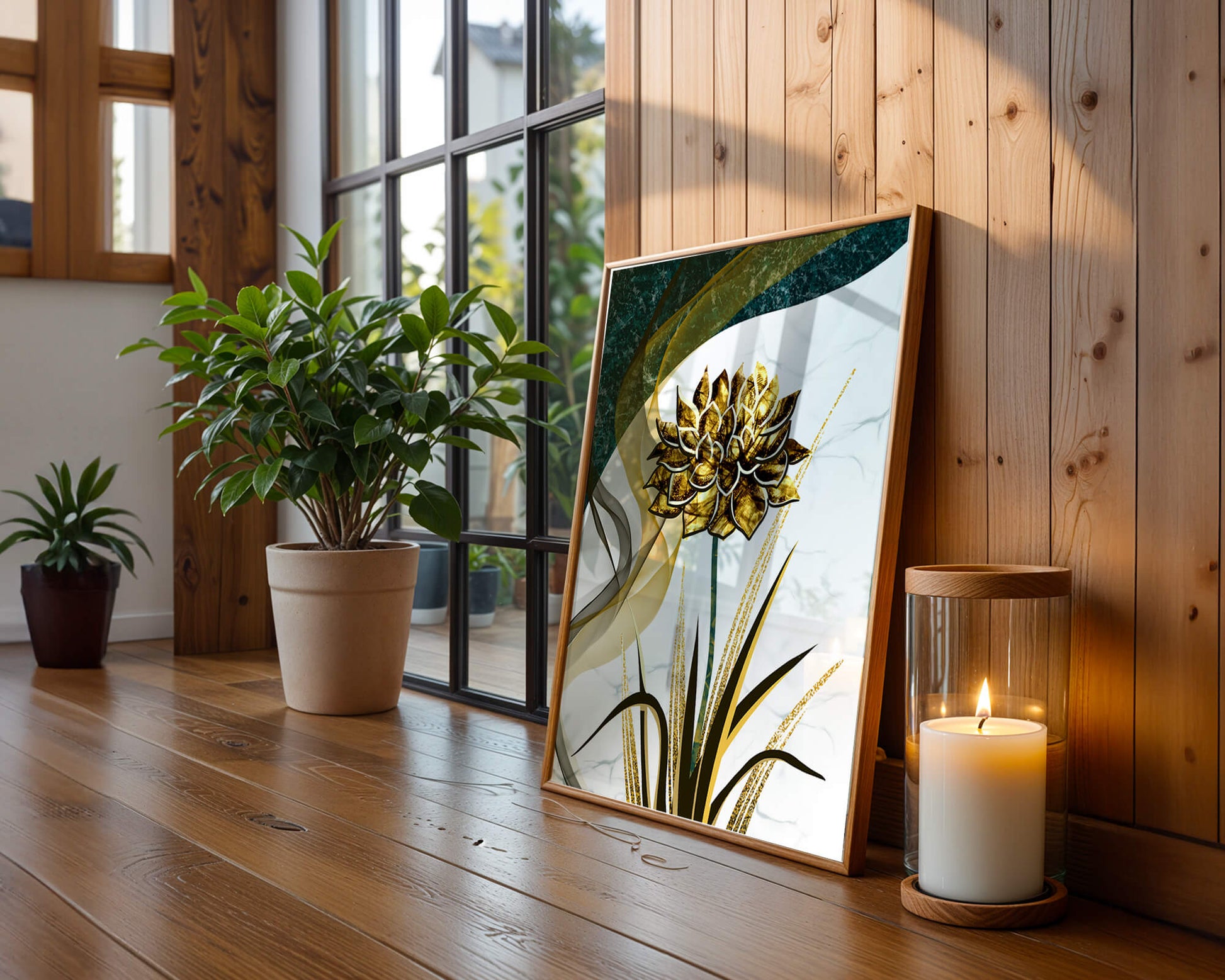Golden flower artwork with abstract background for contemporary decor