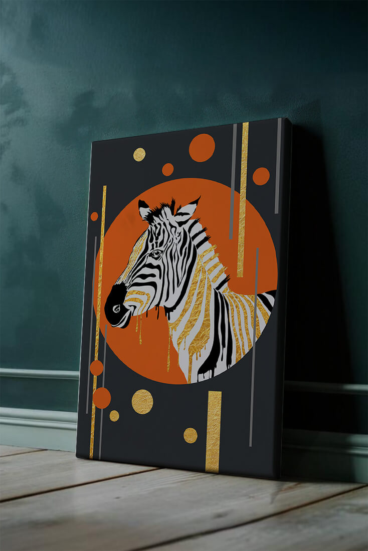 Modern zebra art with golden accents on abstract background