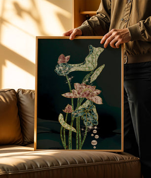 Floral Lotus Design with Gold Accents and Dew Drops