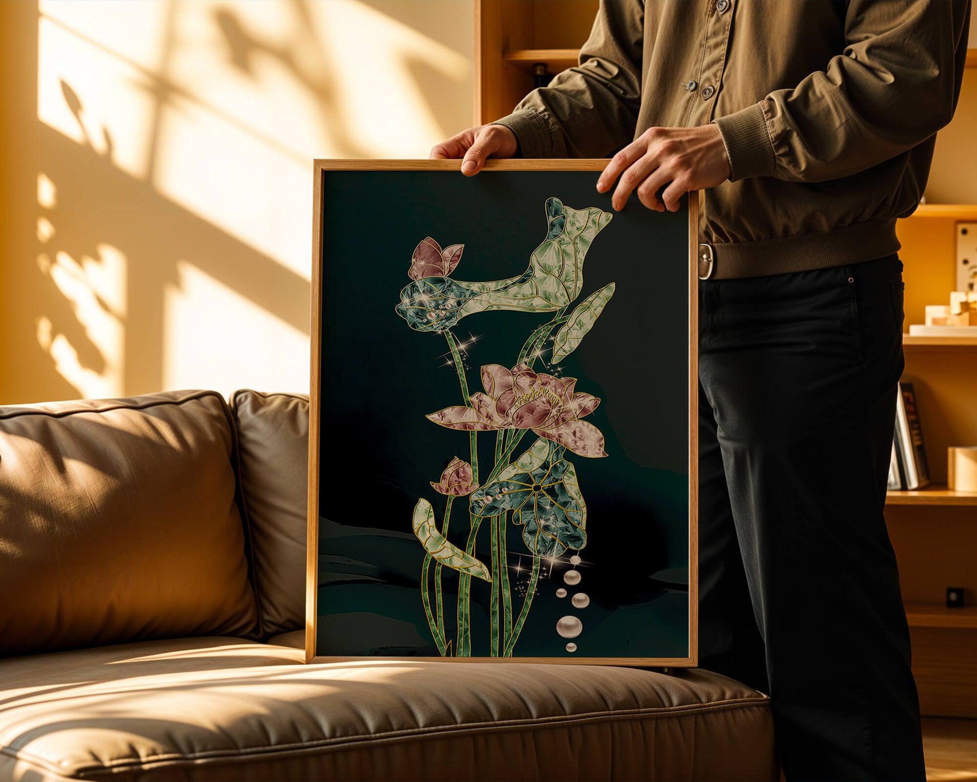 Floral Lotus Design with Gold Accents and Dew Drops